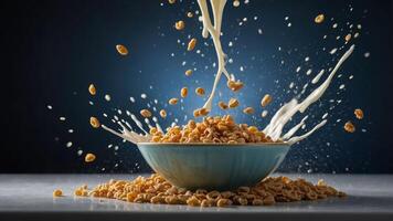 A bowl of cereal splashing milk, creating a dynamic and appetizing scene. photo