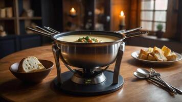 A cozy table setting featuring a fondue pot, bread, and a plate of snacks. photo