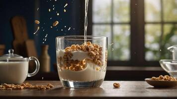 A glass filled with yogurt and granola, capturing the moment of pouring granola. photo