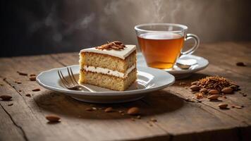 A slice of cake on a plate beside a cup of tea, set on a rustic wooden table. photo