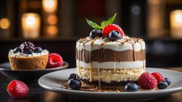 A decadent layered dessert with chocolate, cream, and berries, served on a plate. photo