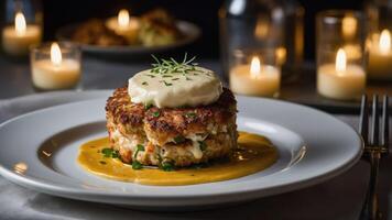 A gourmet crab cake served on a sauce with a dollop of creamy topping, surrounded by candles. photo