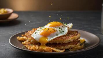 A plate of crispy hash browns topped with two fried eggs, showcasing a delicious breakfast. photo