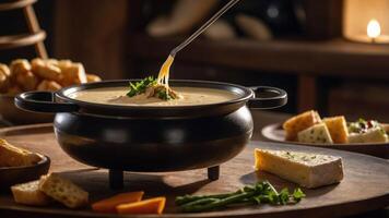 A rich cheese fondue served in a pot, accompanied by bread and vegetables. photo
