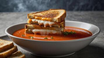 un consolador cuenco de tomate sopa con A la parrilla queso emparedados apilado en cima. foto