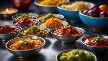 A vibrant array of colorful Indian dishes and condiments in silver bowls, showcasing culinary diversity. photo