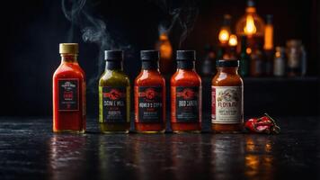 A collection of hot sauces displayed with a dark, moody background. photo