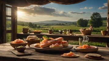 A rustic table set with smoked salmon, bread, and condiments, surrounded by a scenic landscape. photo