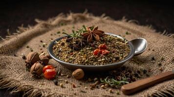 A bowl of assorted spices and herbs arranged artistically on a textured fabric background. photo