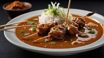 A plate of skewered meat in a savory sauce, garnished with herbs and served with rice. photo