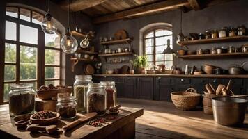 Cozy kitchen filled with jars of spices, wooden utensils, and rustic decor. photo