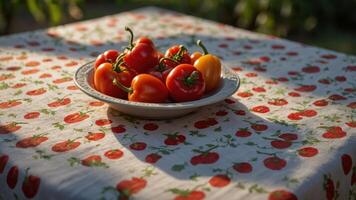 A plate of colorful peppers on a tomato-patterned tablecloth in a natural setting. photo