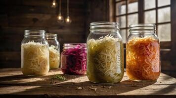 Jars of colorful fermented vegetables on a wooden table, showcasing food preservation. photo