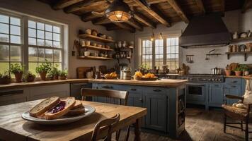 A cozy kitchen with rustic decor, featuring a wooden table and a plate of sandwiches. photo