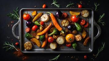 A vibrant assortment of roasted vegetables arranged on a tray. photo
