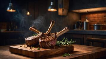 A beautifully presented platter of grilled lamb chops garnished with herbs in a rustic setting. photo
