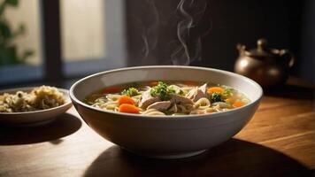 A steaming bowl of chicken noodle soup with vegetables, served on a wooden table. photo