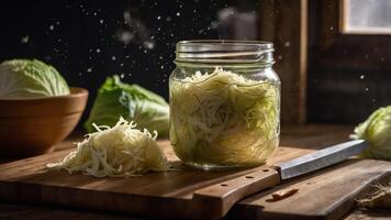A jar of shredded cabbage on a wooden board, showcasing preparation for fermentation. photo