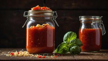 A jar of tomato sauce with pasta and basil, showcasing homemade food preservation. photo