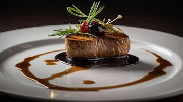 A gourmet dish featuring a grilled meat fillet garnished with herbs and a sauce drizzle. photo