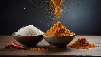 A scene featuring bowls of rice and vibrant turmeric powder, highlighting culinary ingredients. photo