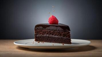 A slice of rich chocolate cake topped with a raspberry on a plate against a dark background. photo