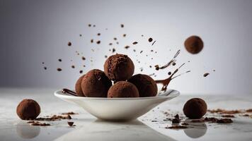 A bowl of chocolate truffles with cocoa powder and chocolate splashes, emphasizing indulgence. photo