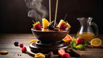 A decadent chocolate fondue display with fresh fruits and garnishes. photo