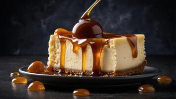 A slice of cheesecake drizzled with caramel sauce, showcasing its creamy texture and sweetness. photo
