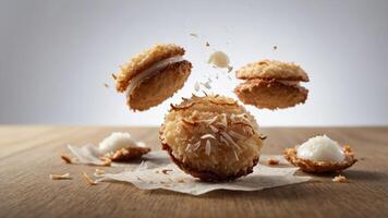 A visually appealing arrangement of coconut macaroons and cream on a wooden surface. photo