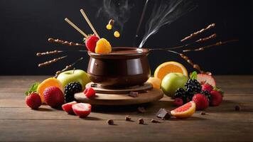 A chocolate fondue pot surrounded by fresh fruits and chocolate, creating a delightful dessert scene. photo
