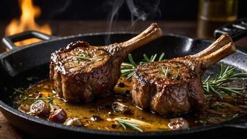 Two succulent lamb chops in a skillet, garnished with herbs and surrounded by flavorful juices. photo
