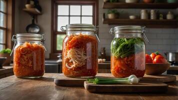 Jars filled with colorful fermented vegetables on a wooden table in a cozy kitchen. photo