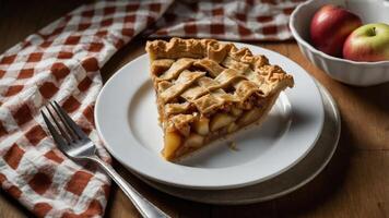 A slice of apple pie on a plate, accompanied by a fork and fresh apples. photo