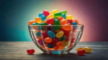A vibrant bowl filled with colorful jelly beans against a soft gradient background. photo