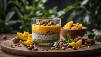 A vibrant layered dessert featuring mango, yogurt, and nuts, set in a natural environment. photo