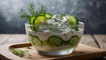 A fresh cucumber salad with creamy dressing and herbs in a glass bowl. photo