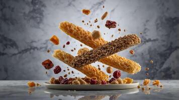 A dynamic arrangement of granola bars and dried fruits, showcasing texture and flavor. photo