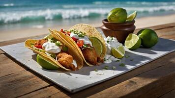 Two tacos filled with fish, garnished with lime and herbs, set on a beachside table. photo