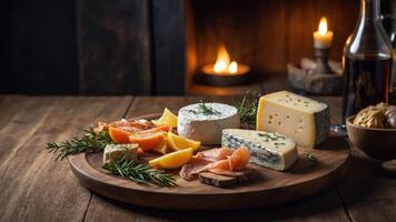 A rustic cheese platter with fruits and smoked salmon, set by a warm fire. photo