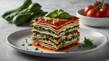 A delicious stack of lasagna with spinach and tomato, garnished with basil. photo