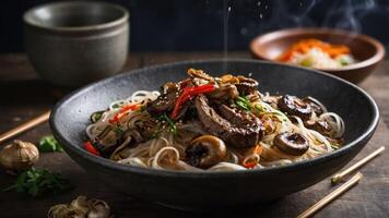 A delicious bowl of stir-fried noodles with beef, mushrooms, and vegetables, garnished and steaming. photo