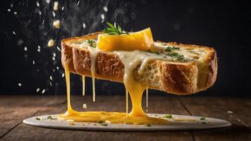 A mouthwatering grilled cheese sandwich with melted cheese oozing from toasted bread. photo
