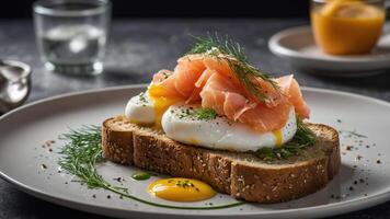 A plate of poached eggs on whole grain toast topped with smoked salmon and herbs. photo