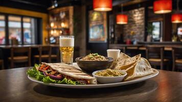 A delicious platter of food including wraps, dips, and a drink in a cozy restaurant setting. photo