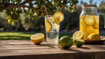 A refreshing lemonade setup with a glass, pitcher, and fresh lemons on a wooden table. photo