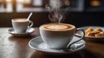 A steaming cup of coffee with latte art, accompanied by a second cup and cookies. photo