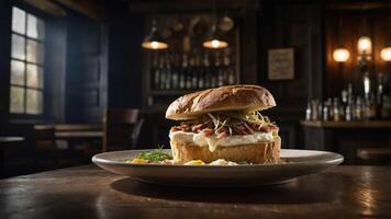 A delicious sandwich on a plate in a rustic dining setting. photo