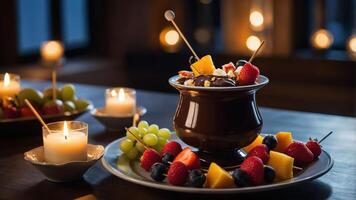 A chocolate fondue pot surrounded by fresh fruits and candles, creating a cozy dessert setting. photo