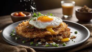 A delicious plate featuring a crispy hash brown topped with a sunny-side-up egg. photo